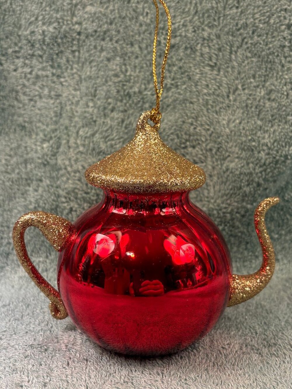 Red Glass Teapot Christmas Ornament Gold Glitter Lid Spout Handle Vintage Style
